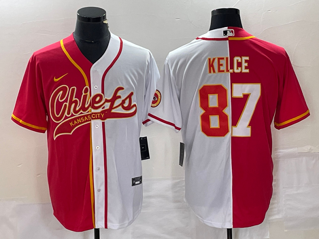 Men's Kansas City Chiefs #87 Travis Kelce Red White Split Cool Base Stitched Baseball Jersey Men's Kansas City Chiefs #87 Travis Kelce Red White Split Cool Base Stitched Baseball Jersey